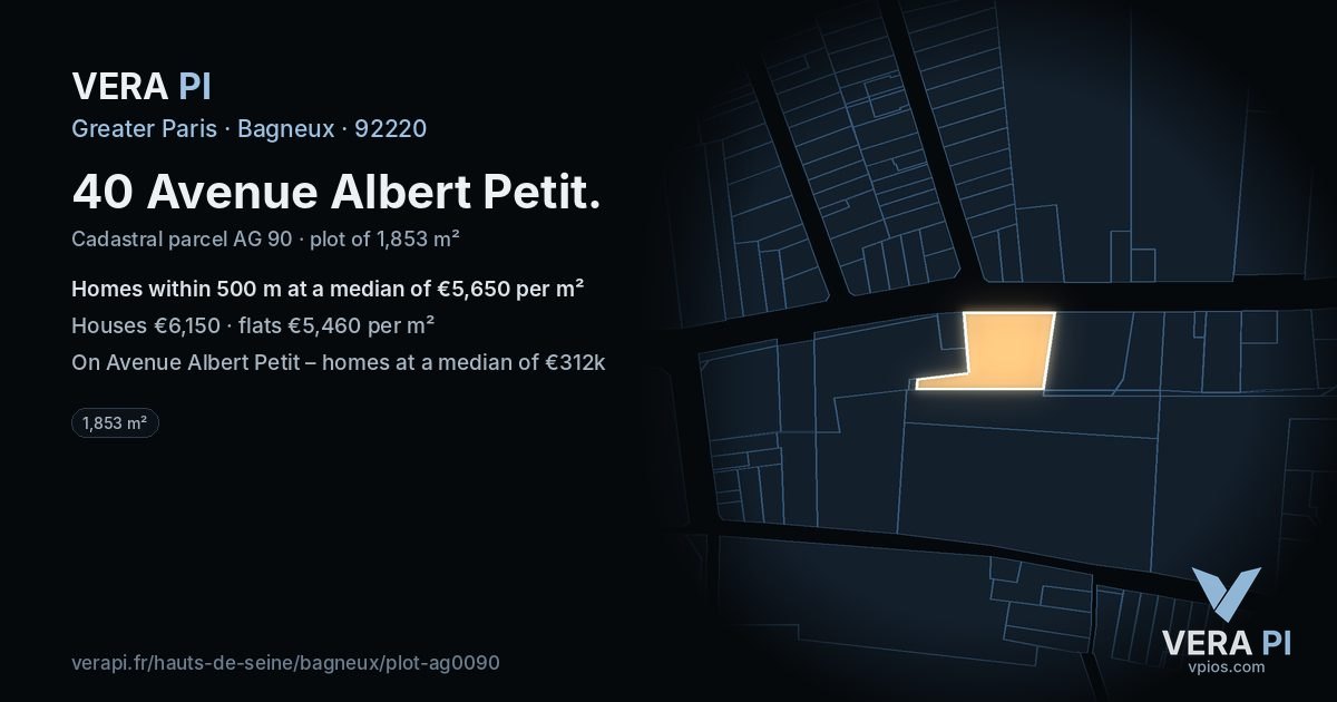 40 Avenue Albert Petit, Bagneux at night – the plot lit, the parcels around coloured by the prices near them