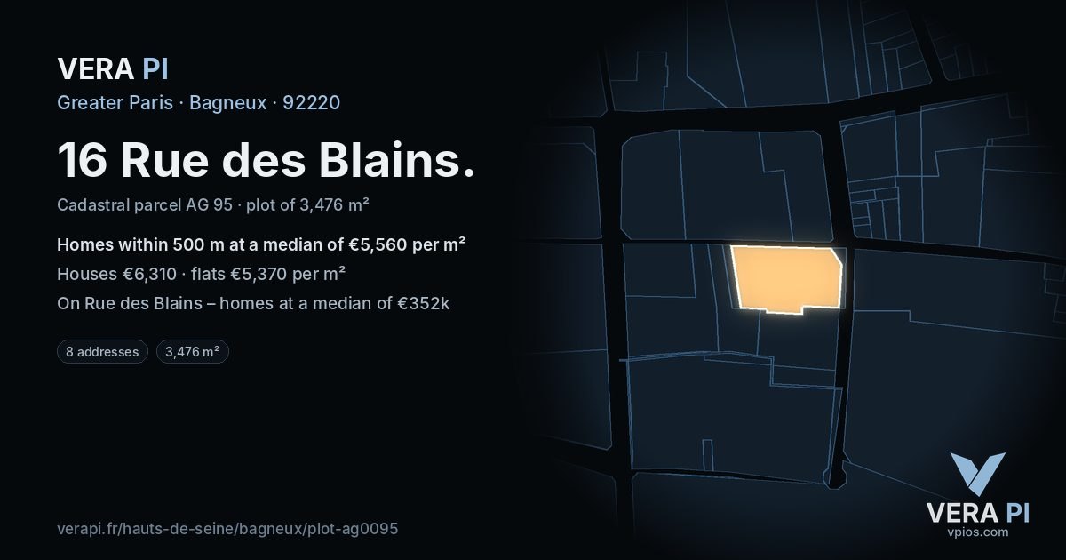 16 Rue des Blains, Bagneux at night – the plot lit, the parcels around coloured by the prices near them