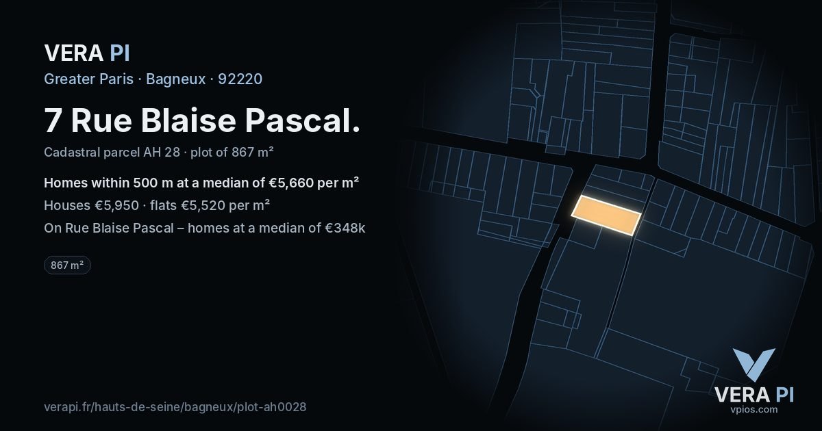 7 Rue Blaise Pascal, Bagneux at night – the plot lit, the parcels around coloured by the prices near them