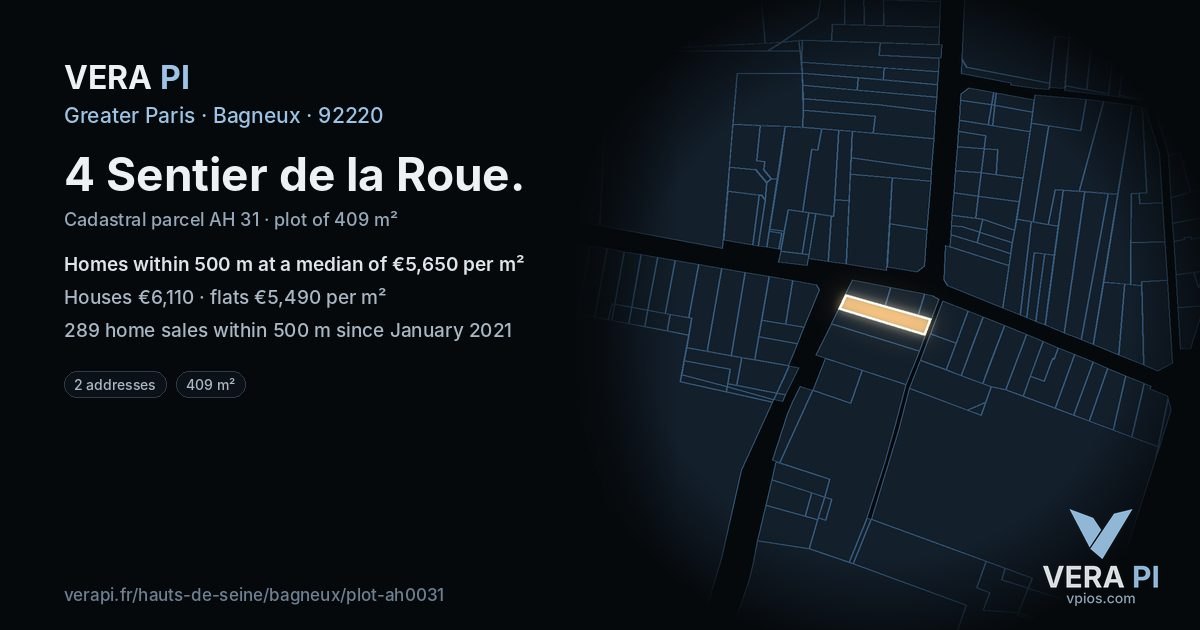 4 Sentier de la Roue, Bagneux at night – the plot lit, the parcels around coloured by the prices near them