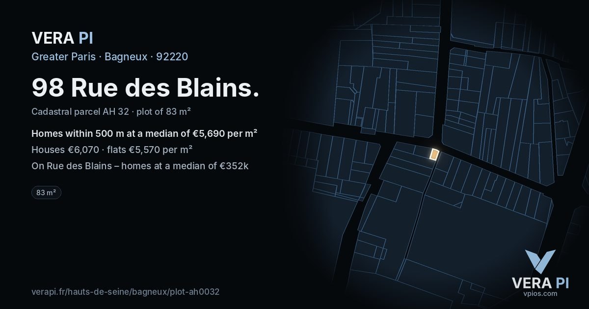 98 Rue des Blains, Bagneux at night – the plot lit, the parcels around coloured by the prices near them