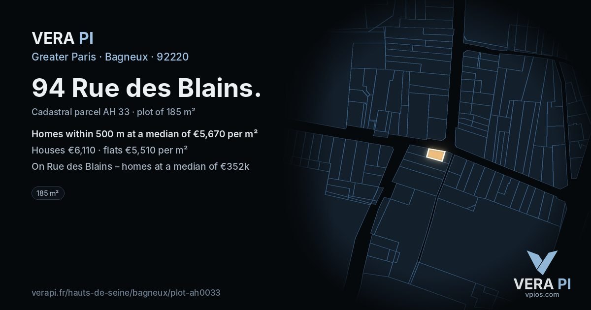 94 Rue des Blains, Bagneux at night – the plot lit, the parcels around coloured by the prices near them