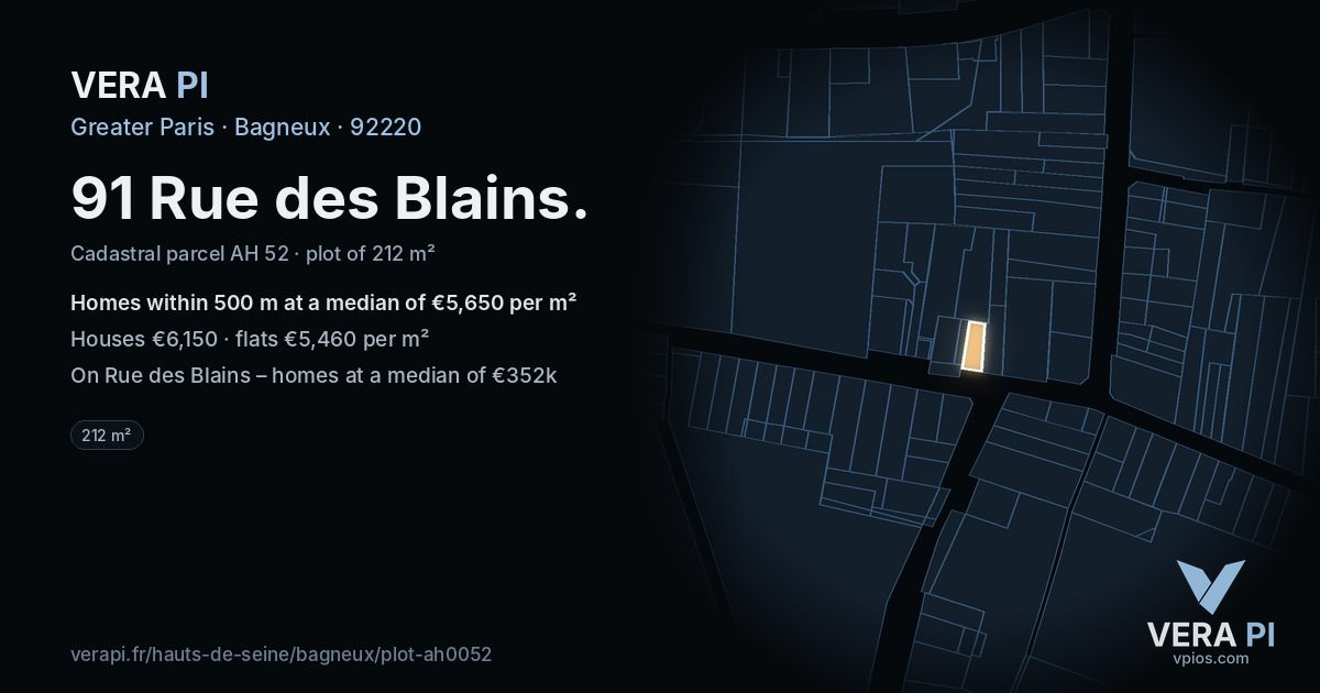 91 Rue des Blains, Bagneux at night – the plot lit, the parcels around coloured by the prices near them
