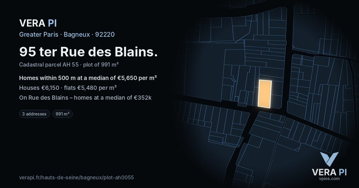 95 ter Rue des Blains, Bagneux at night – the plot lit, the parcels around coloured by the prices near them