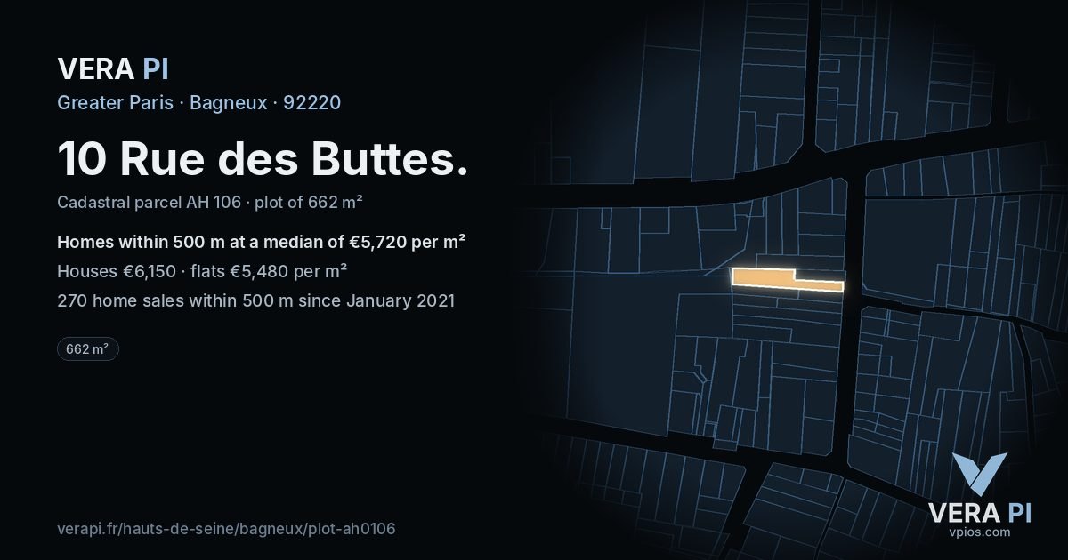 10 Rue des Buttes, Bagneux at night – the plot lit, the parcels around coloured by the prices near them