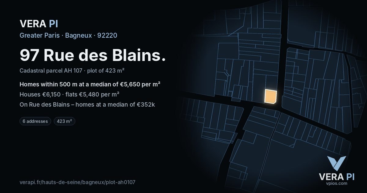 97 Rue des Blains, Bagneux at night – the plot lit, the parcels around coloured by the prices near them