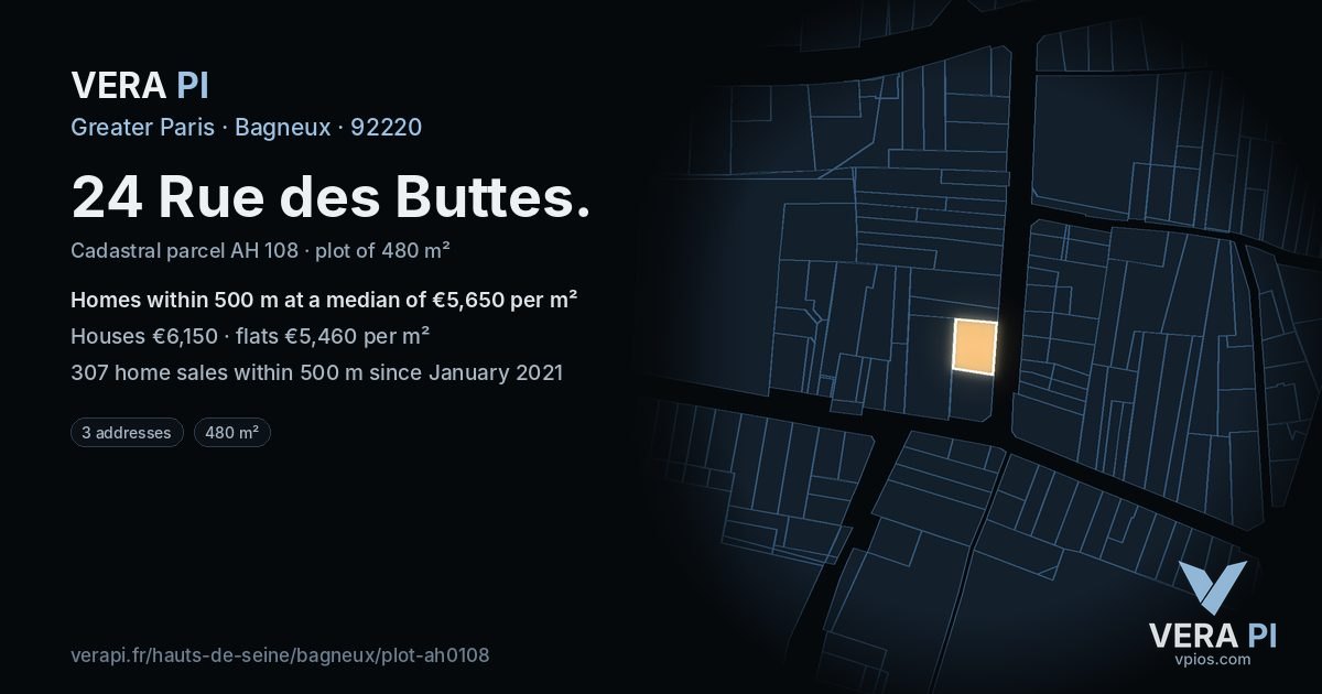 24 Rue des Buttes, Bagneux at night – the plot lit, the parcels around coloured by the prices near them