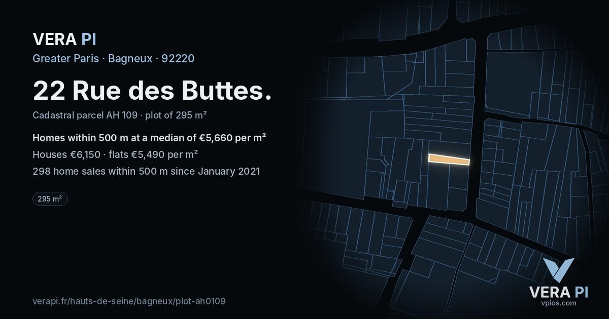 22 Rue des Buttes, Bagneux at night – the plot lit, the parcels around coloured by the prices near them