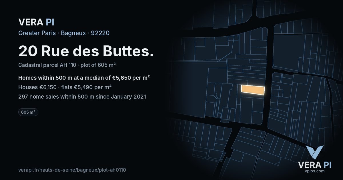 20 Rue des Buttes, Bagneux at night – the plot lit, the parcels around coloured by the prices near them