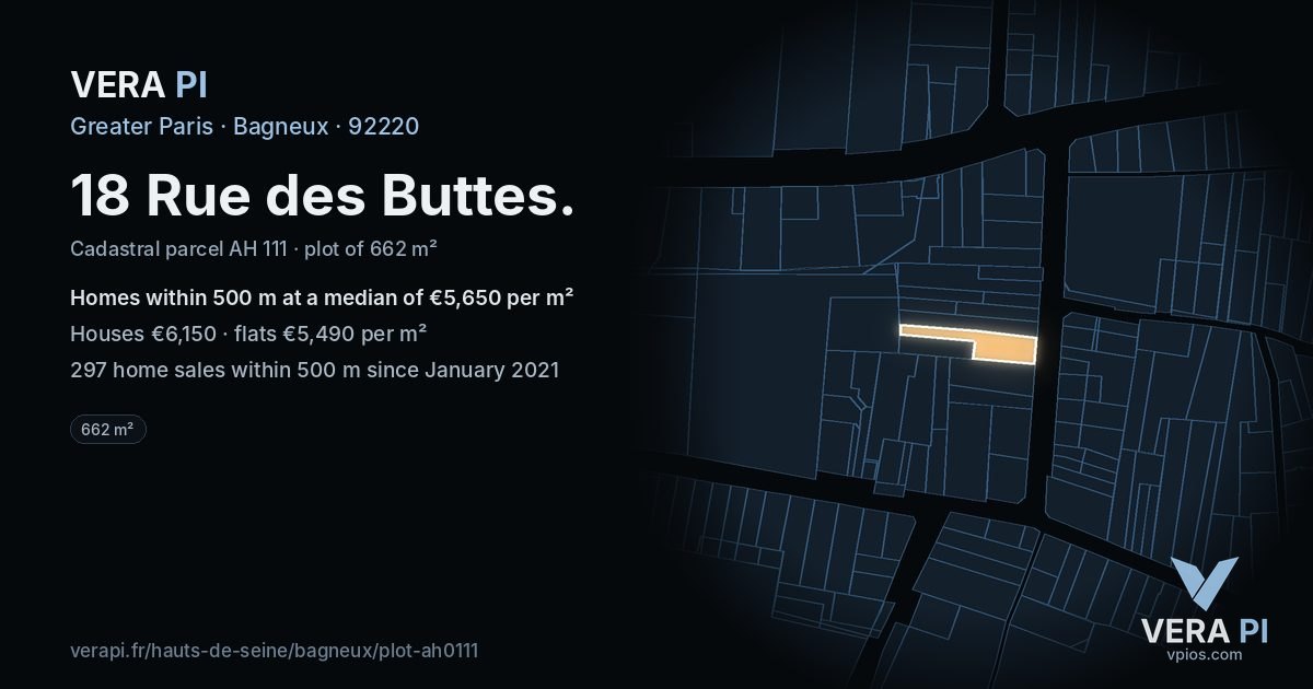 18 Rue des Buttes, Bagneux at night – the plot lit, the parcels around coloured by the prices near them