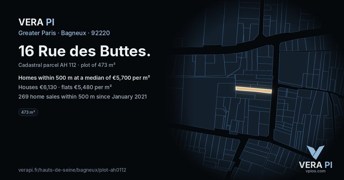 16 Rue des Buttes, Bagneux at night – the plot lit, the parcels around coloured by the prices near them