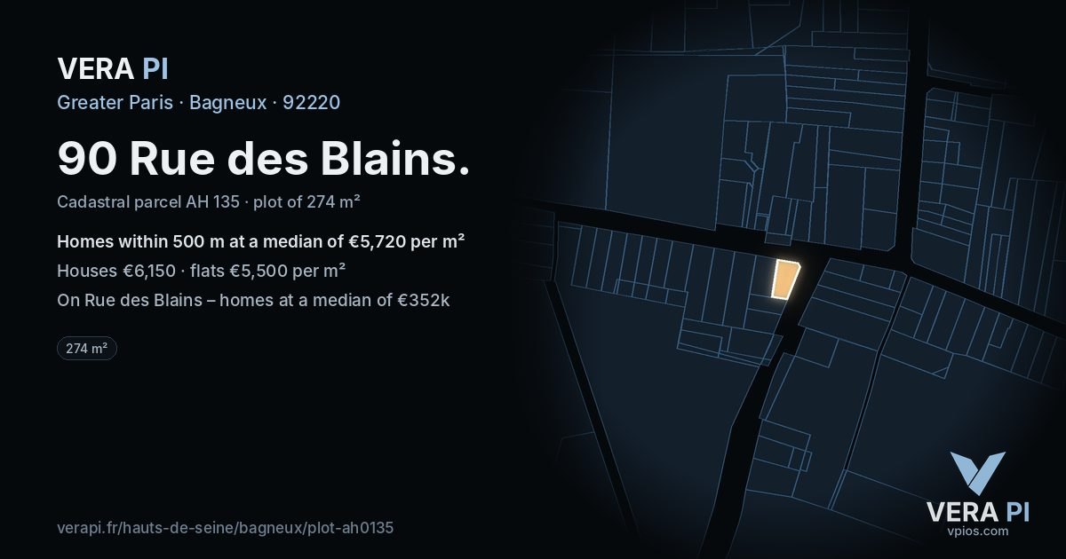 90 Rue des Blains, Bagneux at night – the plot lit, the parcels around coloured by the prices near them