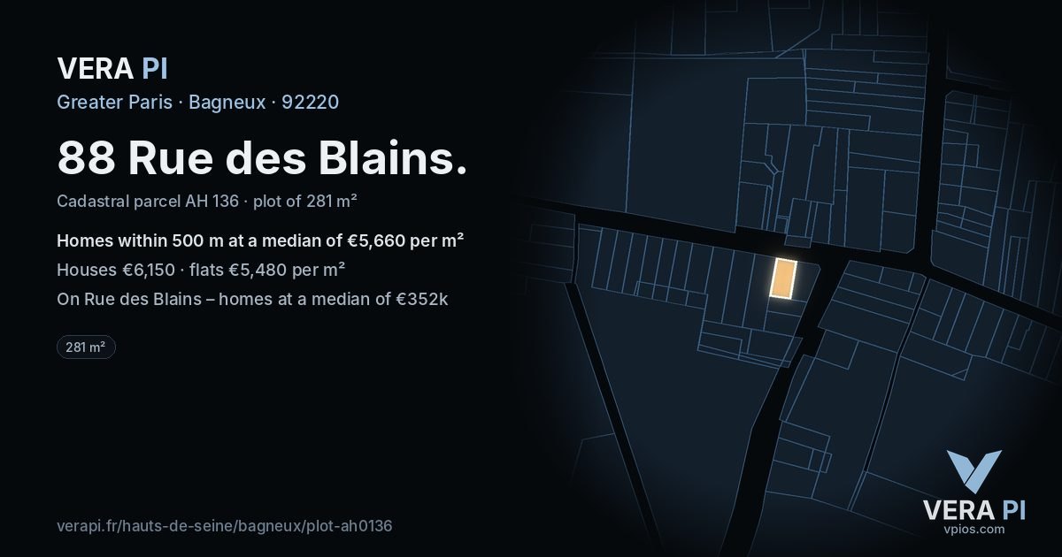 88 Rue des Blains, Bagneux at night – the plot lit, the parcels around coloured by the prices near them