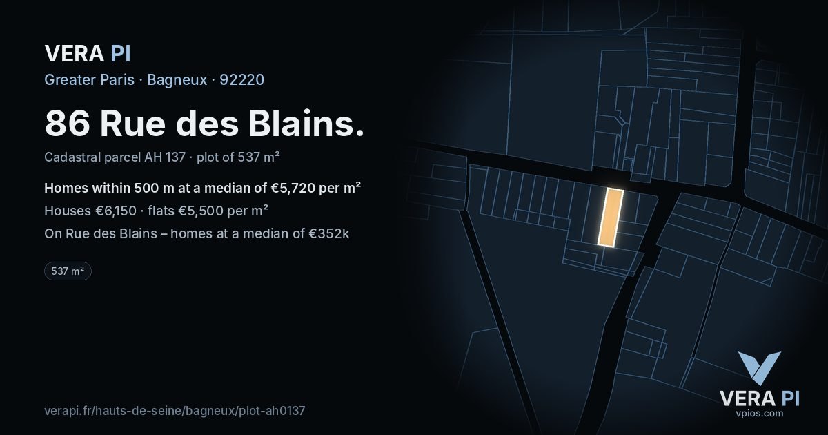 86 Rue des Blains, Bagneux at night – the plot lit, the parcels around coloured by the prices near them
