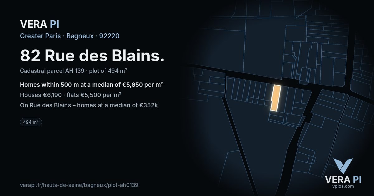 82 Rue des Blains, Bagneux at night – the plot lit, the parcels around coloured by the prices near them