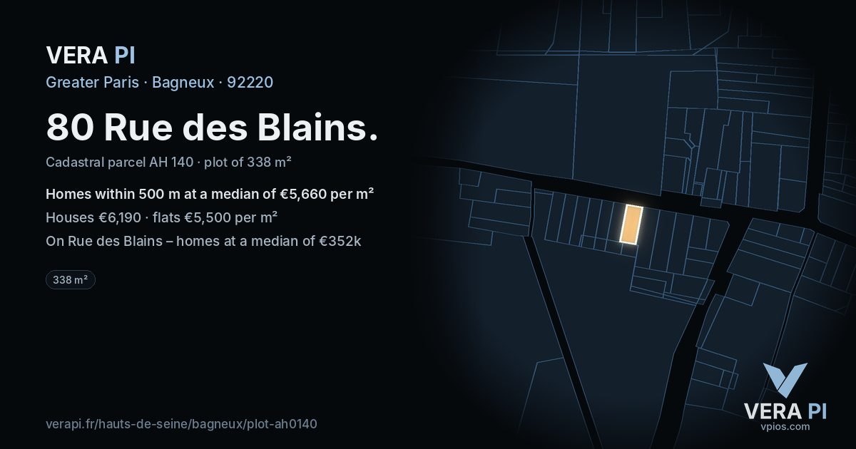 80 Rue des Blains, Bagneux at night – the plot lit, the parcels around coloured by the prices near them