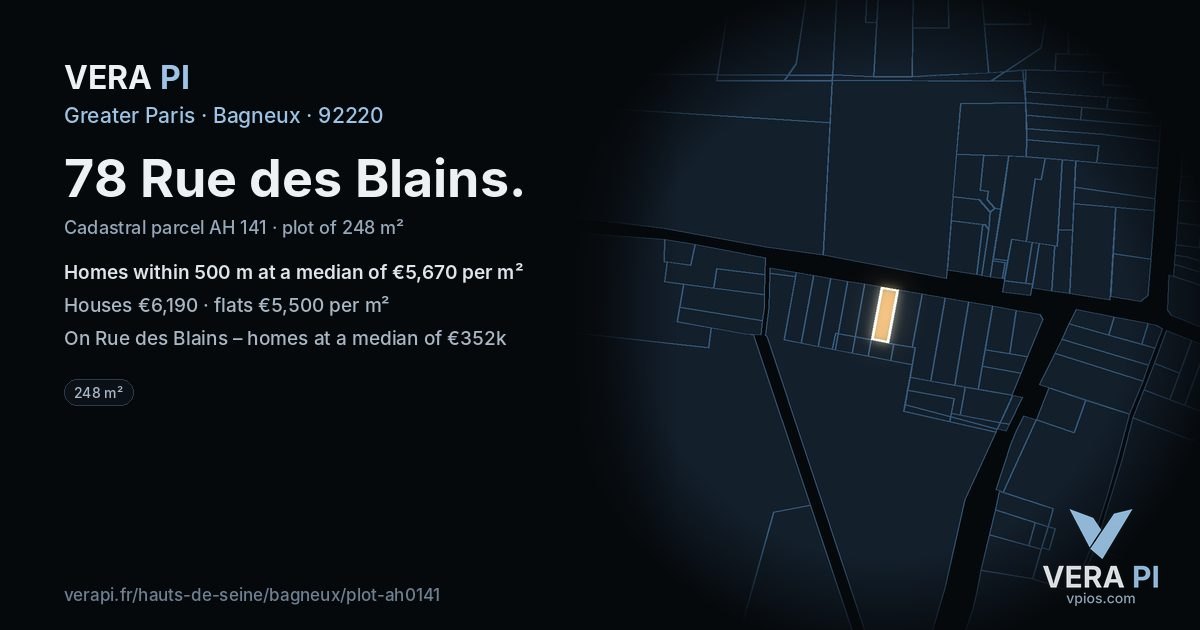 78 Rue des Blains, Bagneux at night – the plot lit, the parcels around coloured by the prices near them