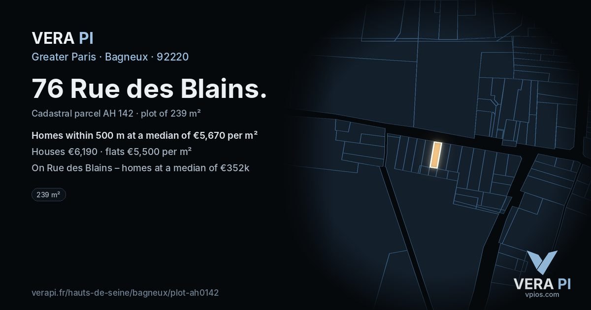 76 Rue des Blains, Bagneux at night – the plot lit, the parcels around coloured by the prices near them