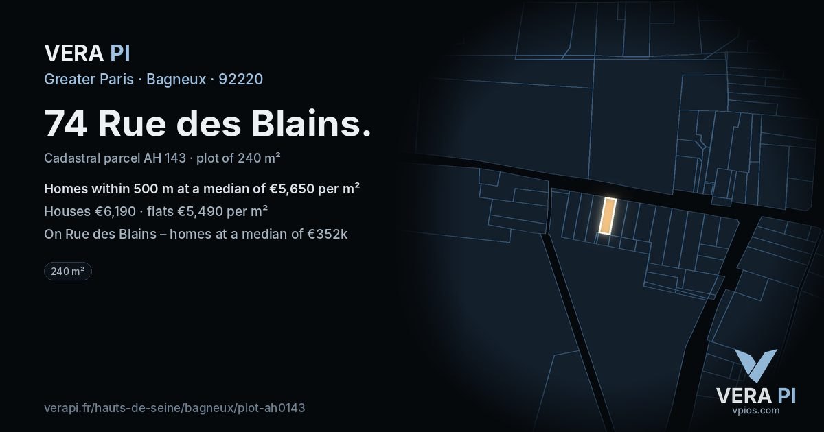 74 Rue des Blains, Bagneux at night – the plot lit, the parcels around coloured by the prices near them