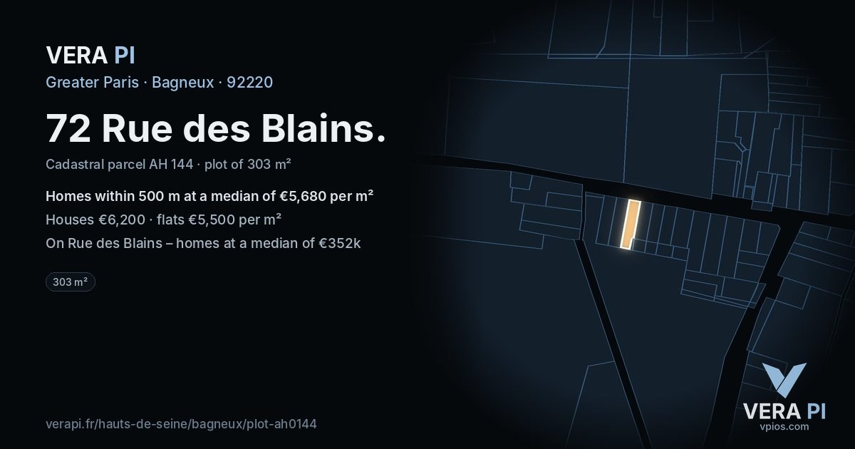 72 Rue des Blains, Bagneux at night – the plot lit, the parcels around coloured by the prices near them