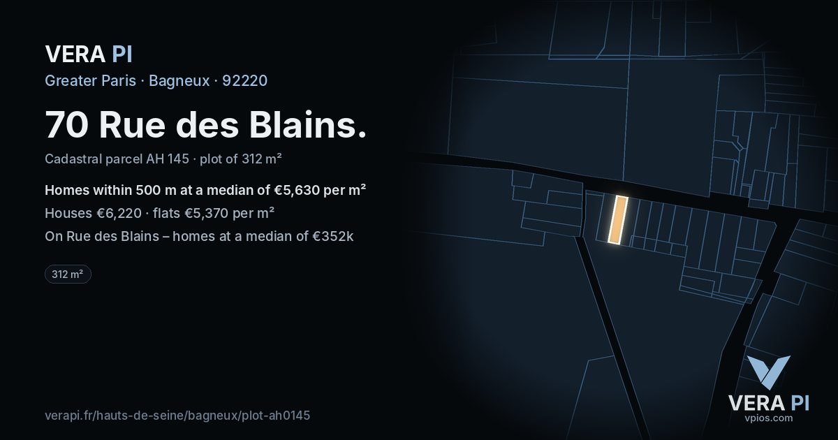 70 Rue des Blains, Bagneux at night – the plot lit, the parcels around coloured by the prices near them