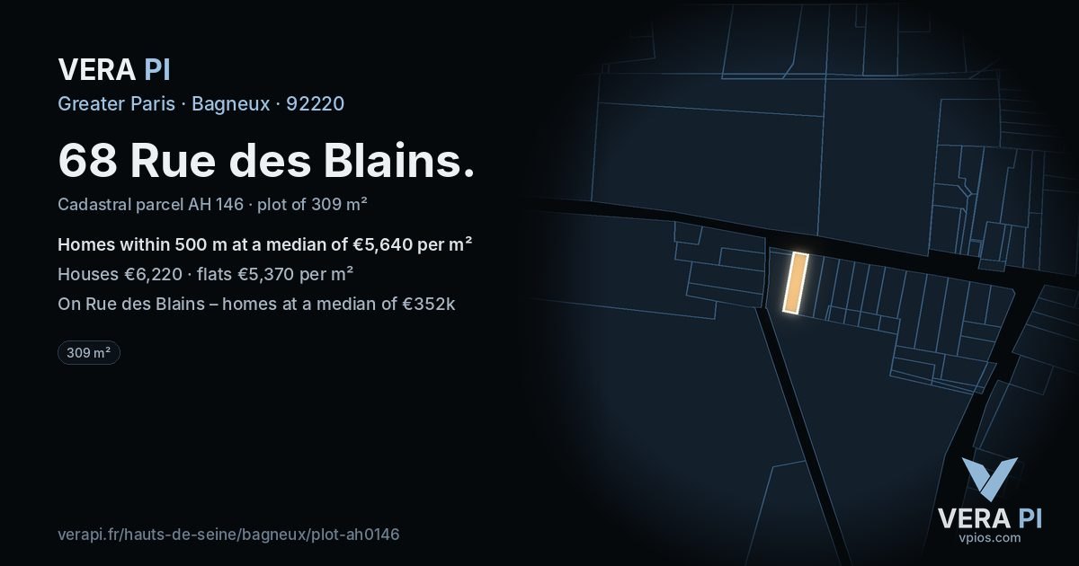 68 Rue des Blains, Bagneux at night – the plot lit, the parcels around coloured by the prices near them