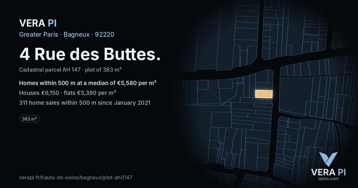 4 Rue des Buttes, Bagneux at night – the plot lit, the parcels around coloured by the prices near them