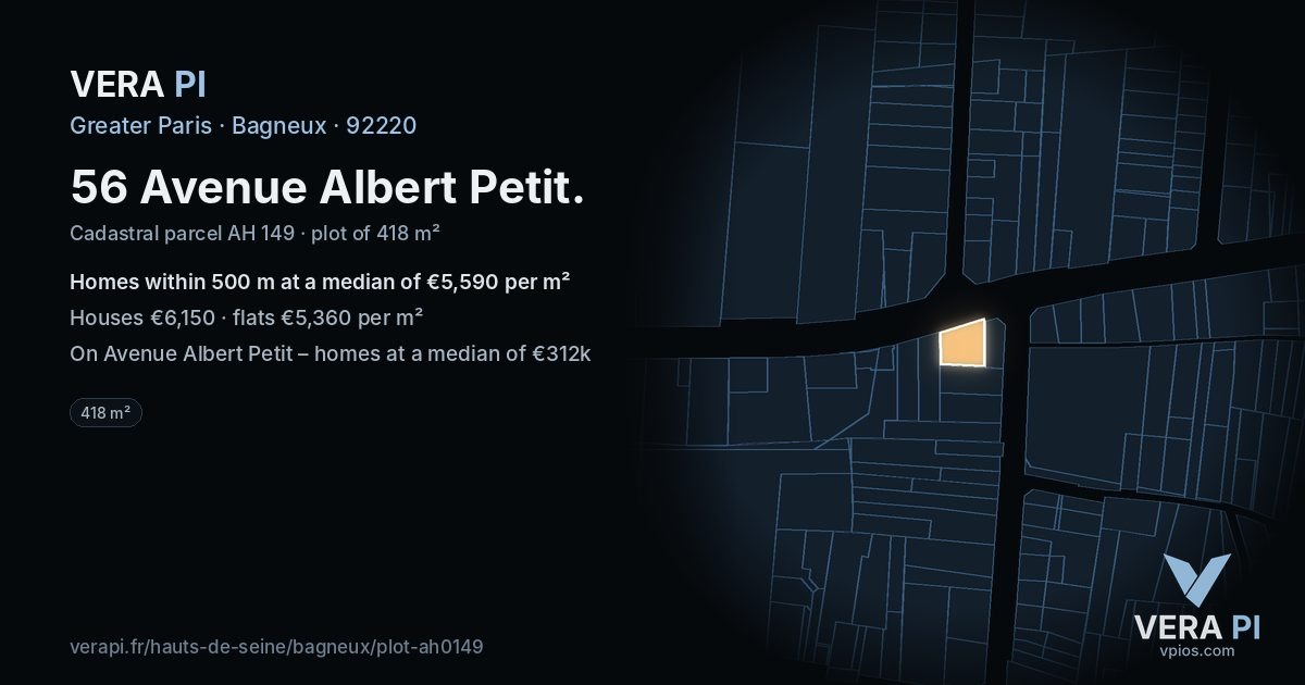 56 Avenue Albert Petit, Bagneux at night – the plot lit, the parcels around coloured by the prices near them
