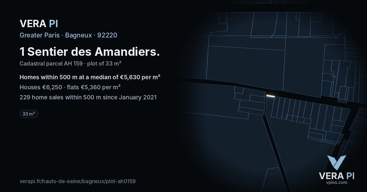 1 Sentier des Amandiers, Bagneux at night – the plot lit, the parcels around coloured by the prices near them