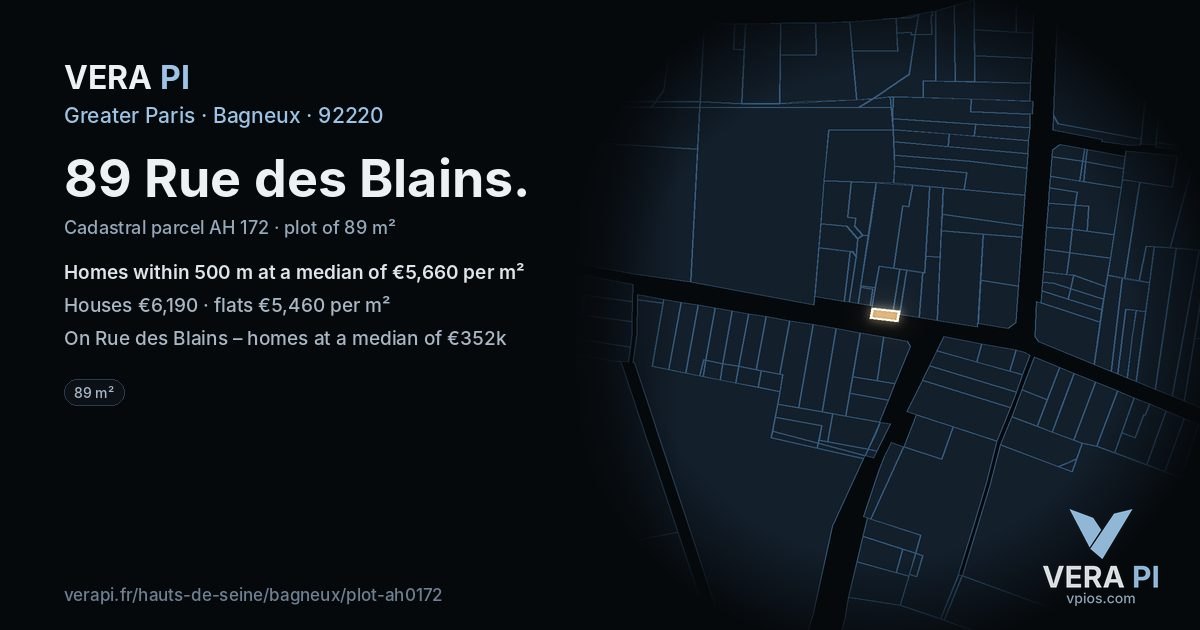 89 Rue des Blains, Bagneux at night – the plot lit, the parcels around coloured by the prices near them