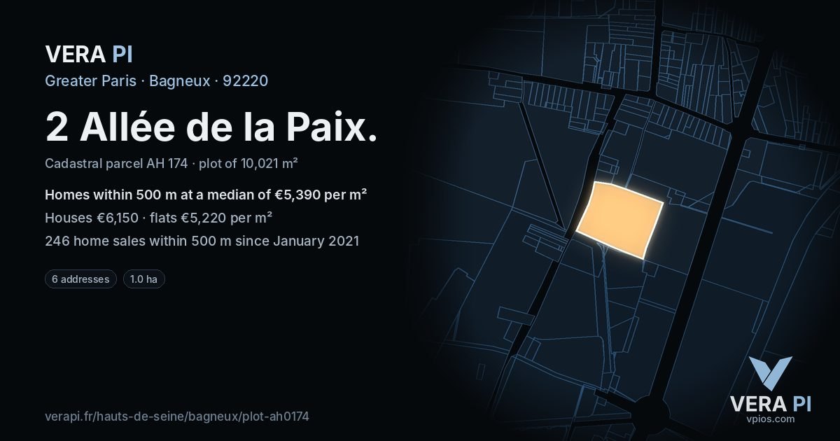 2 Allée de la Paix, Bagneux at night – the plot lit, the parcels around coloured by the prices near them