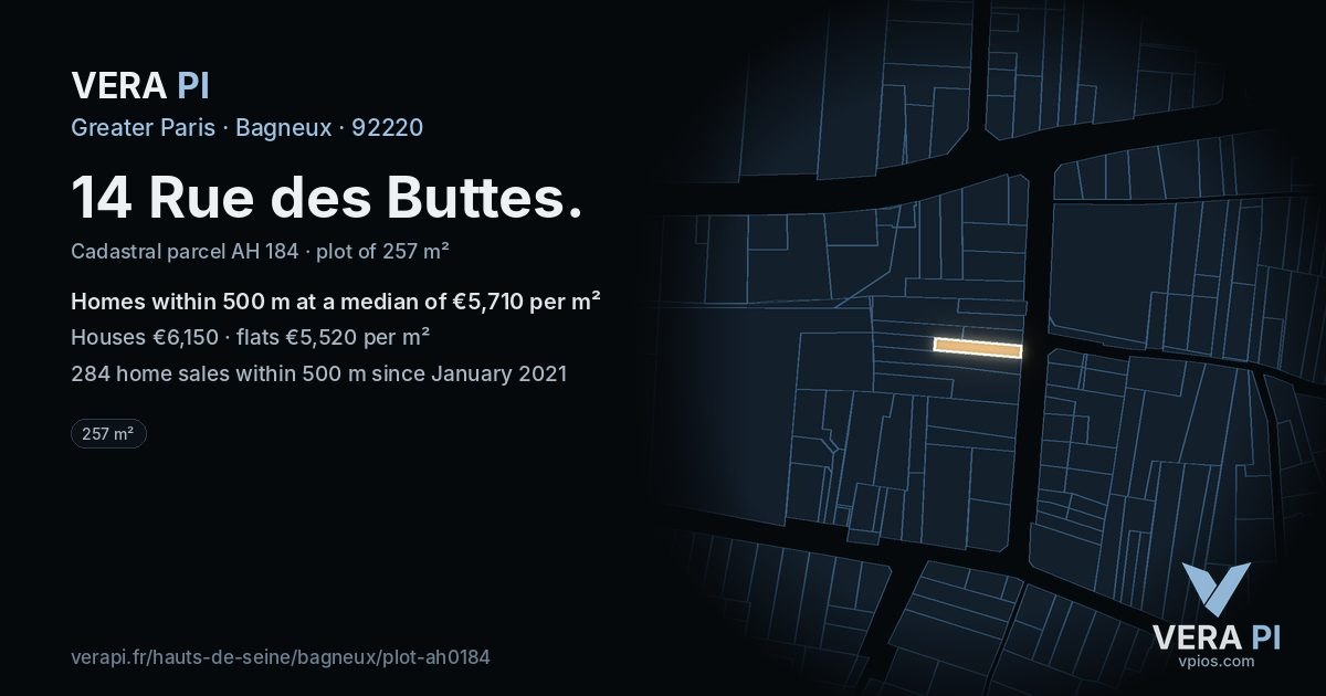 14 Rue des Buttes, Bagneux at night – the plot lit, the parcels around coloured by the prices near them