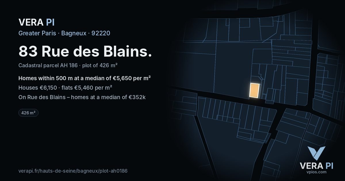 83 Rue des Blains, Bagneux at night – the plot lit, the parcels around coloured by the prices near them