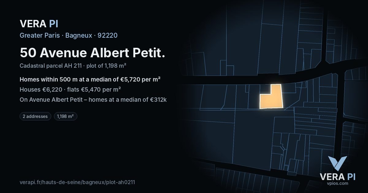 50 Avenue Albert Petit, Bagneux at night – the plot lit, the parcels around coloured by the prices near them