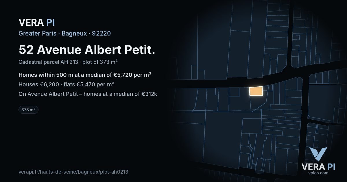 52 Avenue Albert Petit, Bagneux at night – the plot lit, the parcels around coloured by the prices near them