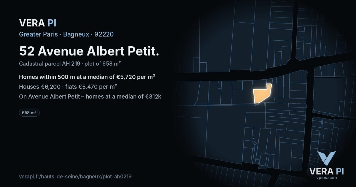 52 Avenue Albert Petit, Bagneux at night – the plot lit, the parcels around coloured by the prices near them