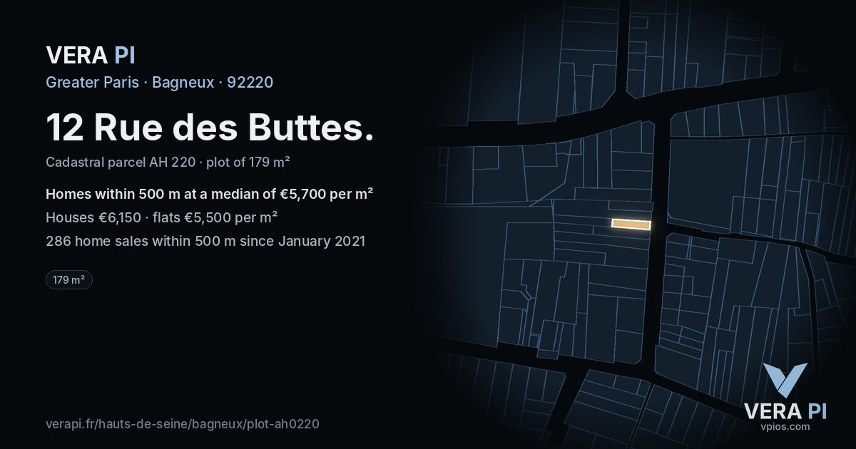 12 Rue des Buttes, Bagneux at night – the plot lit, the parcels around coloured by the prices near them