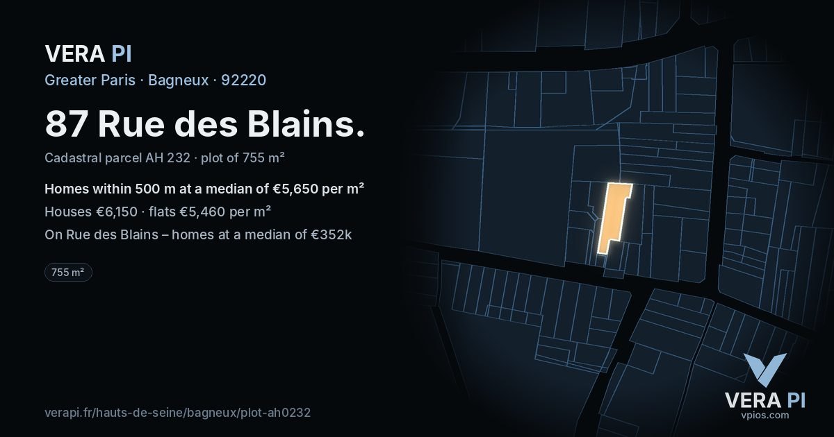 87 Rue des Blains, Bagneux at night – the plot lit, the parcels around coloured by the prices near them