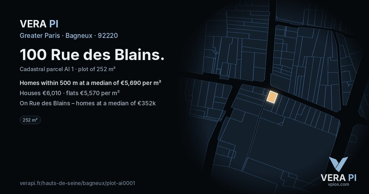 100 Rue des Blains, Bagneux at night – the plot lit, the parcels around coloured by the prices near them