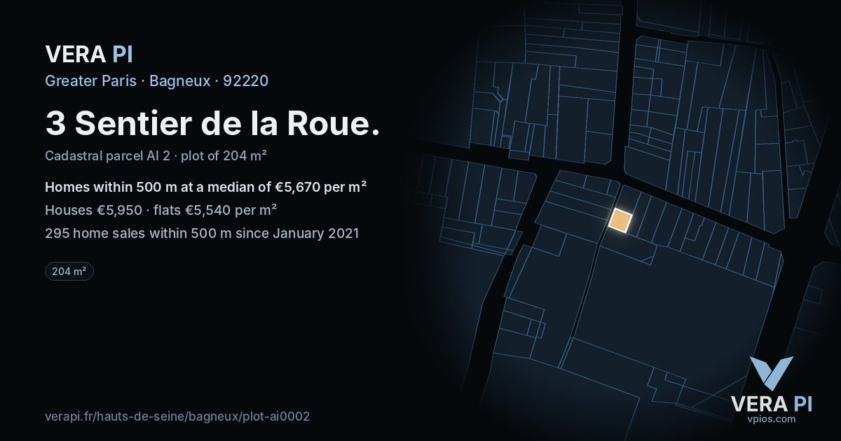 3 Sentier de la Roue, Bagneux at night – the plot lit, the parcels around coloured by the prices near them