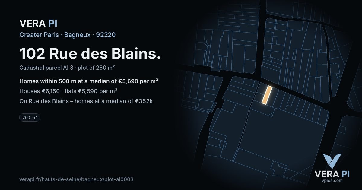 102 Rue des Blains, Bagneux at night – the plot lit, the parcels around coloured by the prices near them