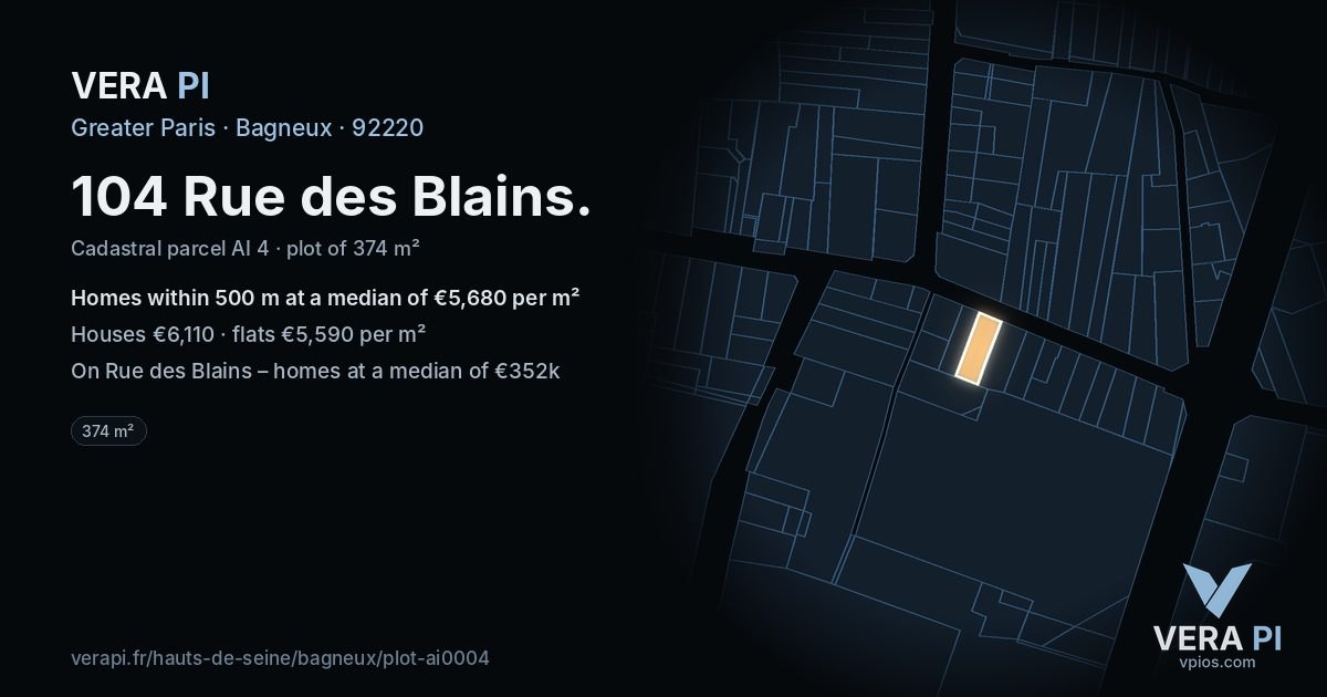 104 Rue des Blains, Bagneux at night – the plot lit, the parcels around coloured by the prices near them
