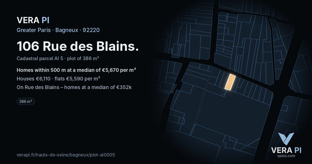 106 Rue des Blains, Bagneux at night – the plot lit, the parcels around coloured by the prices near them