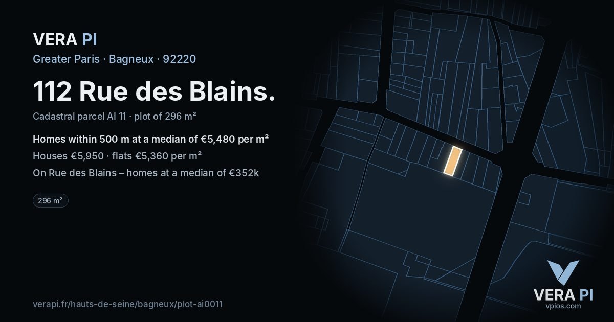 112 Rue des Blains, Bagneux at night – the plot lit, the parcels around coloured by the prices near them