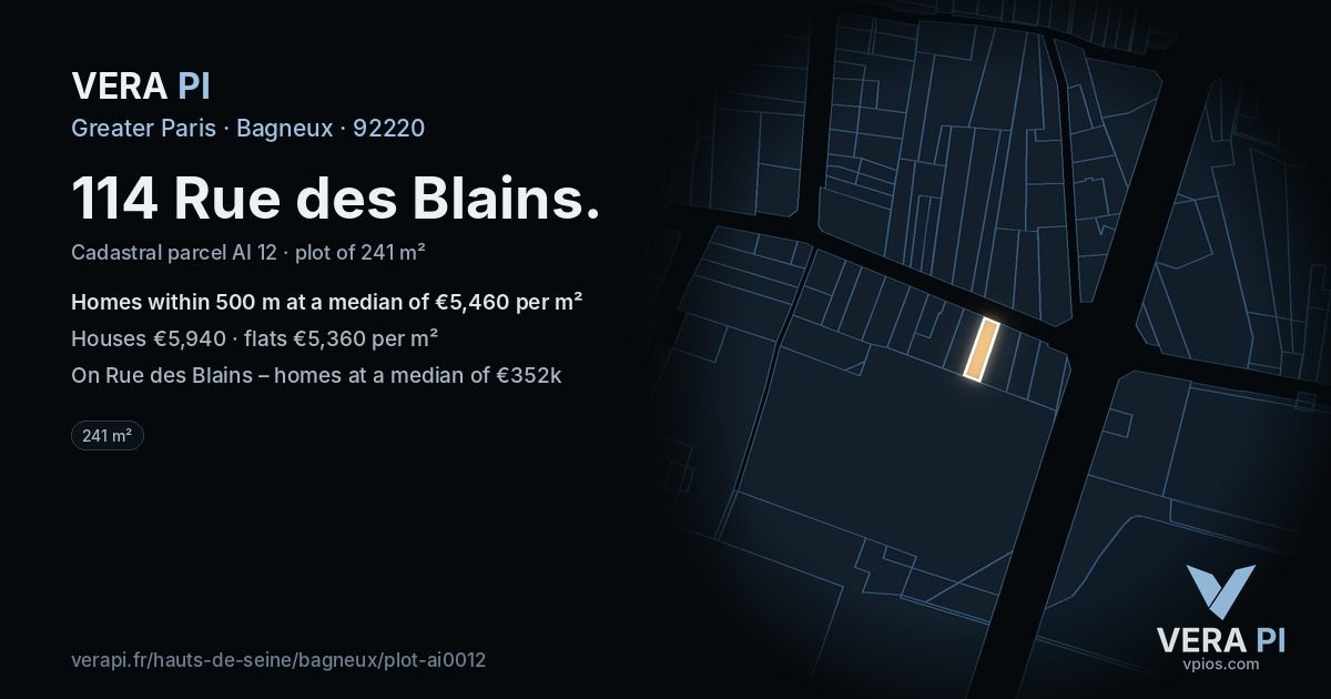114 Rue des Blains, Bagneux at night – the plot lit, the parcels around coloured by the prices near them