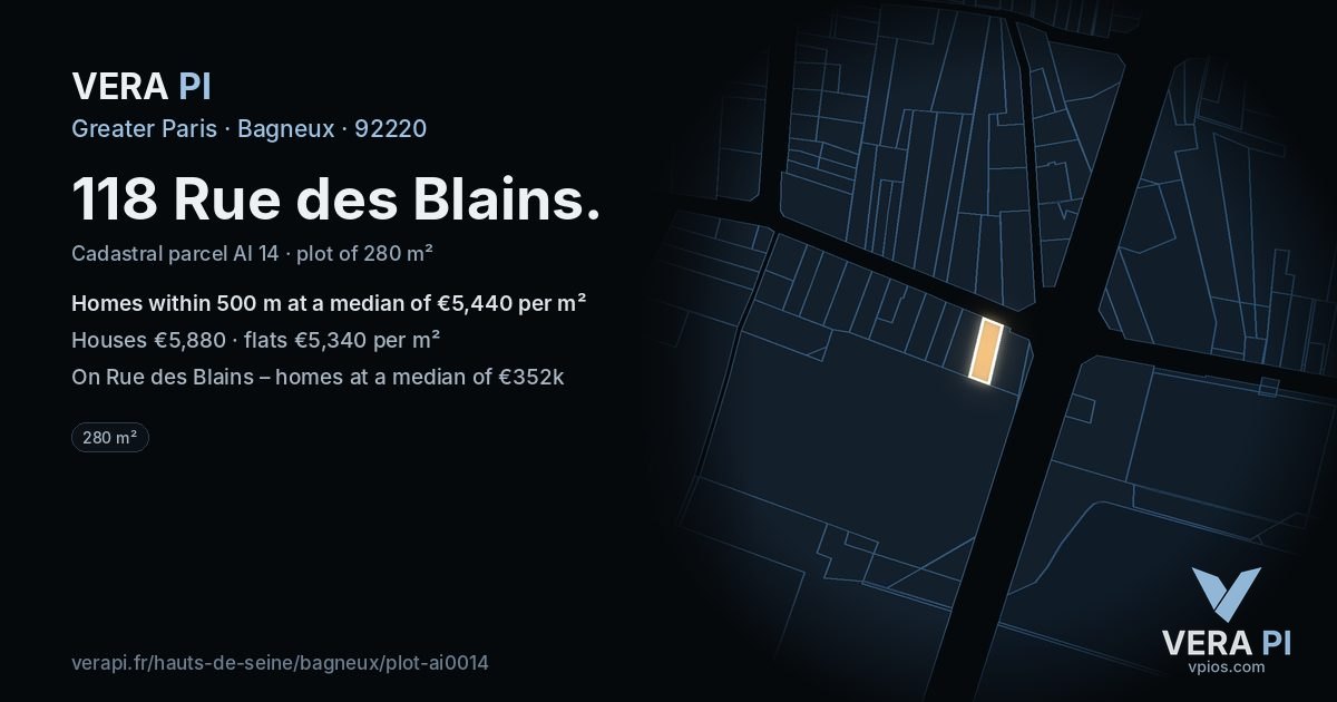 118 Rue des Blains, Bagneux at night – the plot lit, the parcels around coloured by the prices near them