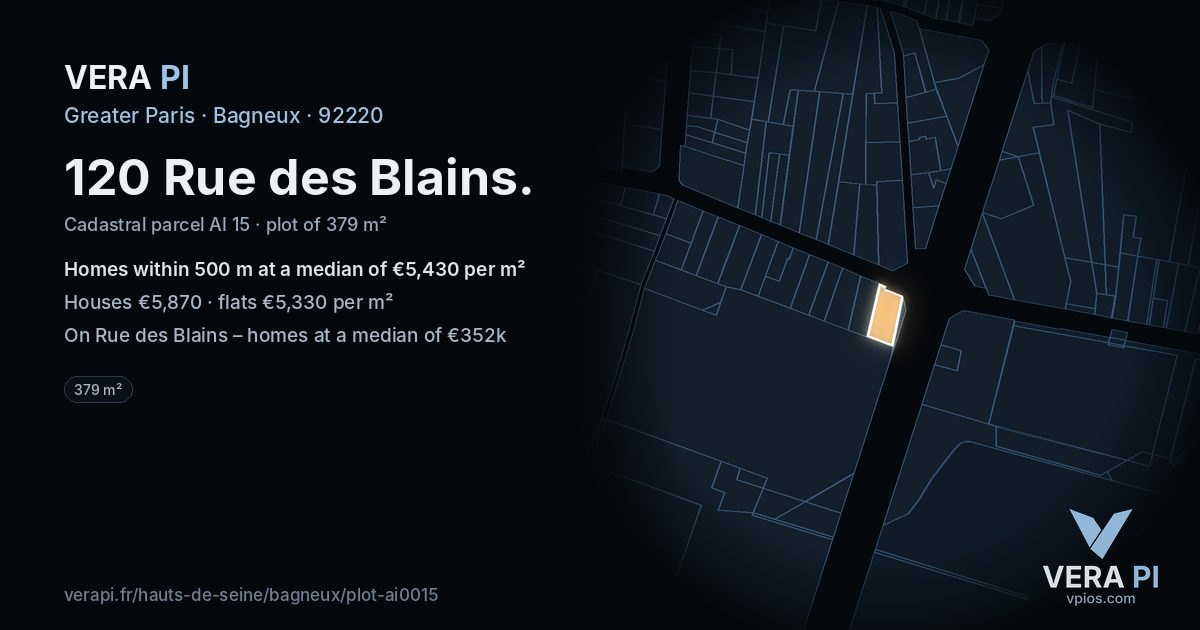 120 Rue des Blains, Bagneux at night – the plot lit, the parcels around coloured by the prices near them