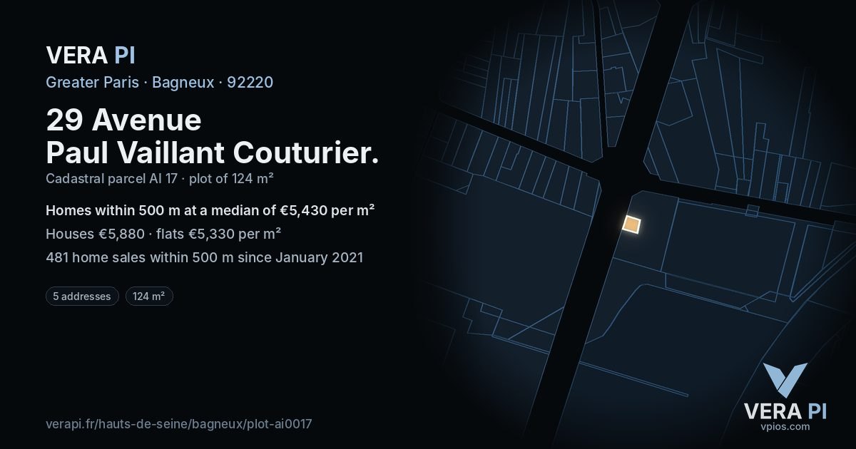 29 Avenue Paul Vaillant Couturier, Bagneux at night – the plot lit, the parcels around coloured by the prices near them