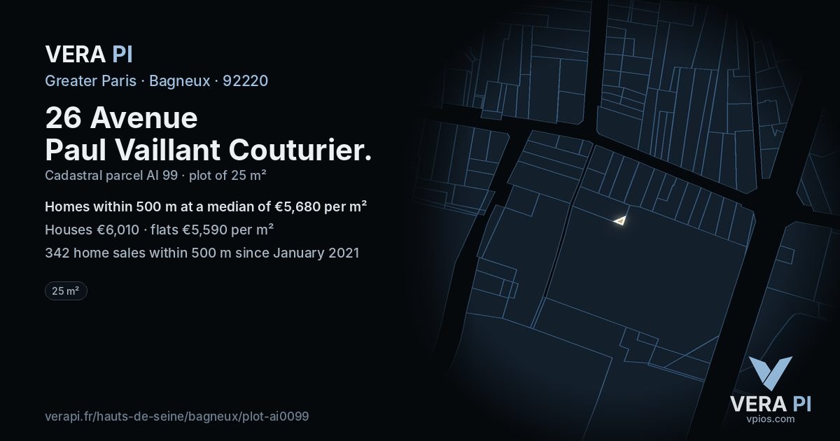 26 Avenue Paul Vaillant Couturier, Bagneux at night – the plot lit, the parcels around coloured by the prices near them