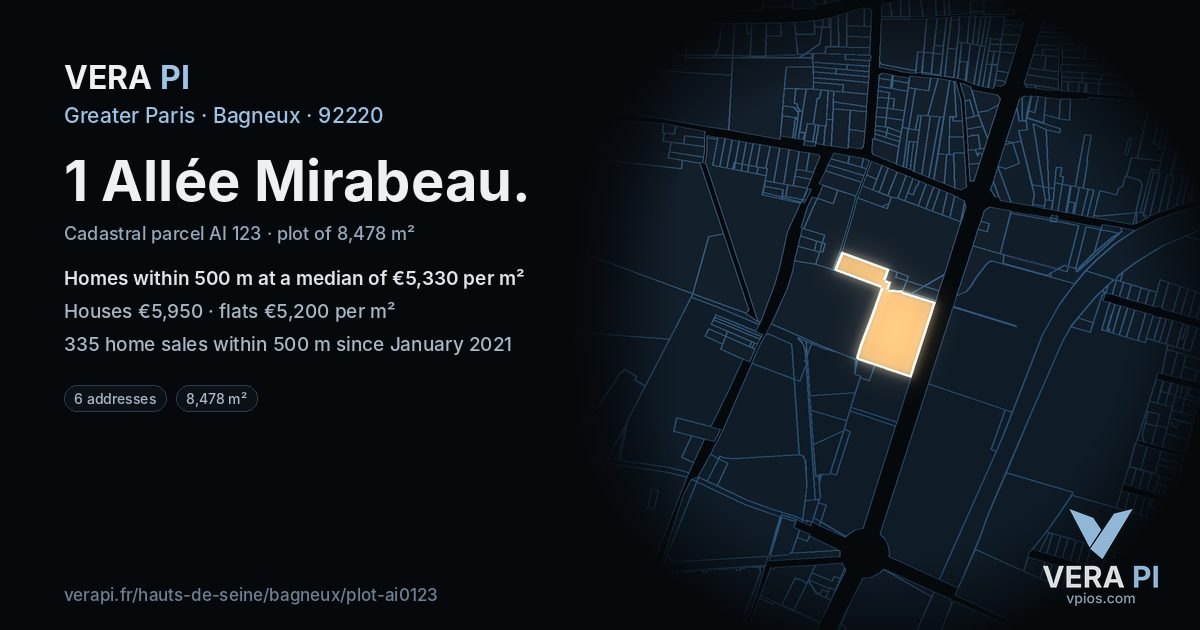 1 Allée Mirabeau, Bagneux at night – the plot lit, the parcels around coloured by the prices near them
